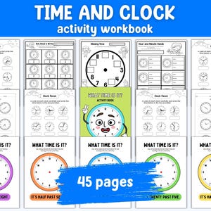 Quaderno di attività su tempo e orologio / 45 pagine PDF / Quadranti dell&#39;orologio / Apprendimento del tempo / Conteggio del tempo / Che ore sono / Schede di lavoro per la scuola materna