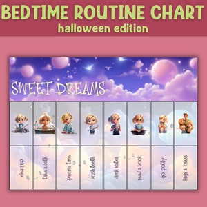 Tabella della routine della buonanotte / Routine stampabile / Programma visivo per la routine serale dei bambini / Lista di controllo giornaliera / Attività di Halloween per le bambine