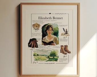 Puede incluir: Un grabado enmarcado con una ilustración de Elizabeth Bennet de Orgullo y Prejuicio. La obra de arte incluye imágenes de comida, botas y una pluma, con texto que describe al personaje. El marco es de color marrón claro.