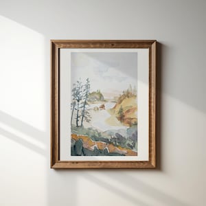 May include: A watercolor painting of a landscape with a river winding through a forest. The trees are green and brown, and the water is a light blue. The sky is a light gray with some clouds.