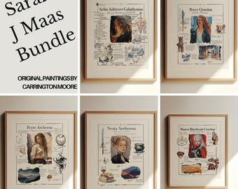 Puede incluir: Seis ilustraciones enmarcadas de personajes de la serie de libros de Sarah J. Maas, A Court of Thorns and Roses. Cada ilustración presenta un personaje diferente, incluyendo Aelin Ashryver Galathynius, Bryce Quinlan, Feyre Archeron, Nesta Archeron y Manon Blackbeak Crochan. Las ilustraciones están hechas en estilo acuarela y presentan una variedad de colores, incluyendo azul, verde, rojo y amarillo.