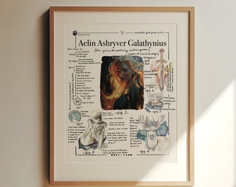 Puede incluir: Una hoja de personaje dibujada a mano para Aelin Ashryver Galathynius, un personaje ficticio. La hoja incluye un retrato de Aelin, una descripción de sus atributos físicos y una lista de sus habilidades y capacidades. La hoja está decorada con varias ilustraciones, incluyendo una espada, un libro y un ciervo.