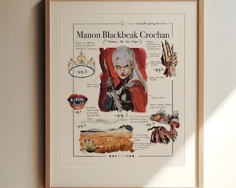 Puede incluir: Una guía de personaje para Manon Blackbeak Crochan, un personaje ficticio de una historia de fantasía. La guía incluye ilustraciones de su apariencia, armas y otros detalles. El texto incluye el nombre del personaje, su título y una descripción.