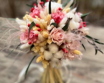 Blush Pink Bridal Bouquet, Dried Wedding Flowers, Preserved Rose Bouquet, Romantic Bride
