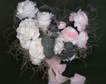 White and Blush Preserved Rose Bridal Bouquet | Stabilized Wedding Flowers | Timeless Romantic Design