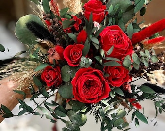 Burgundy Rose Bridal Bouquet, Eucalyptus Wedding Flowers