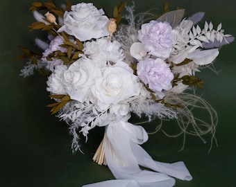 White Lilac Bridal Bouquet • Roses & Hydrangea • Dried Wedding Flowers