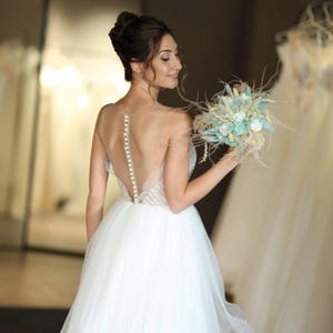 Boho Teal Dried Flower Bridal Bouquet – Pampas, White Roses & Beige Wheat | Rustic Wedding Bouquet for Outdoor Bride