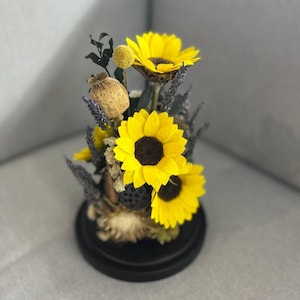 Sunflower Glass Dome | Autumn Gift, Rustic Home Decor, Preserved Flowers