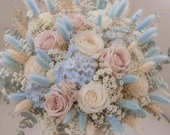 Custom Dried Flower Wedding Bouquet | Blue Hydrangea, Blush Roses, Lagurus