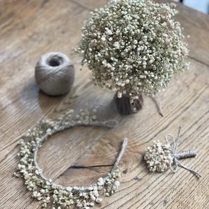 Getrocknetes Schleierkraut Brautset für rustikale Hochzeit Boho Blumenkrone, Schleierkraut Bouquet, Boutonniere handgemachte Eco Hochzeitsblumen