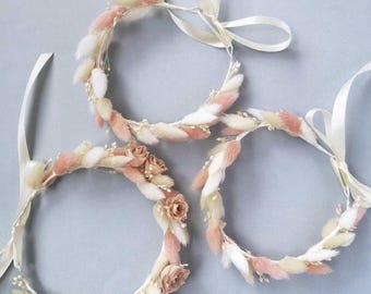 Bridal Floral Headband, Boho Wedding Headpiece, Dried Flower Hair Accessory in Soft Pink