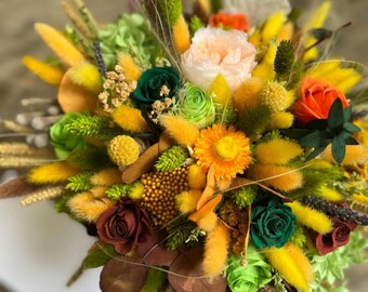 Dried Flower Bouquet • Yellow Orange Roses, Lagurus & Greenery
