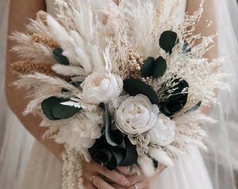 Boho Hochzeitspaket, Pampas Brautstrauß, Neutrale Elfenbein getrocknete Blumen, Zeremonie & Empfangsdekor