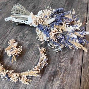 Boho Lavendel Hochzeits-Set | Getrocknete Blumenkrone & Blumenstrauß | Rustikales Braut-Headpiece