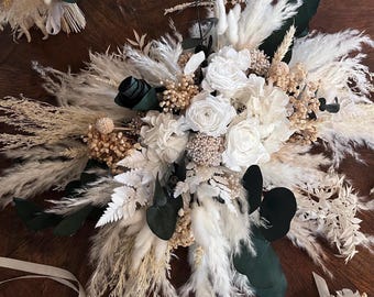Boho Wedding Flowers, Pampas Bridal Bouquet, Neutral Dried Floral Set