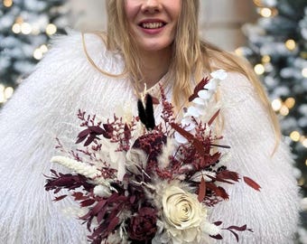Burgundy  Ivory Bridal Bouquet• Winter Rustic Dried Flowers•One of a Kind Wedding Bouquet
