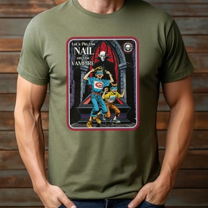 Rolig Halloween-vampyr-T-shirt: Pin the Nail, unisex-tröja bild 4
