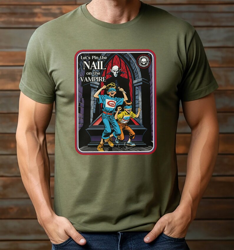 Rolig Halloween-vampyr-T-shirt: Pin the Nail, unisex-tröja bild 4