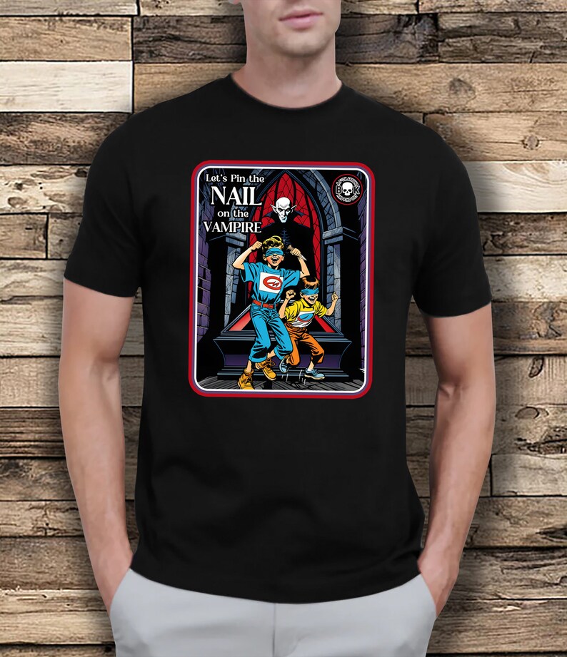 Rolig Halloween-vampyr-T-shirt: Pin the Nail, unisex-tröja bild 7