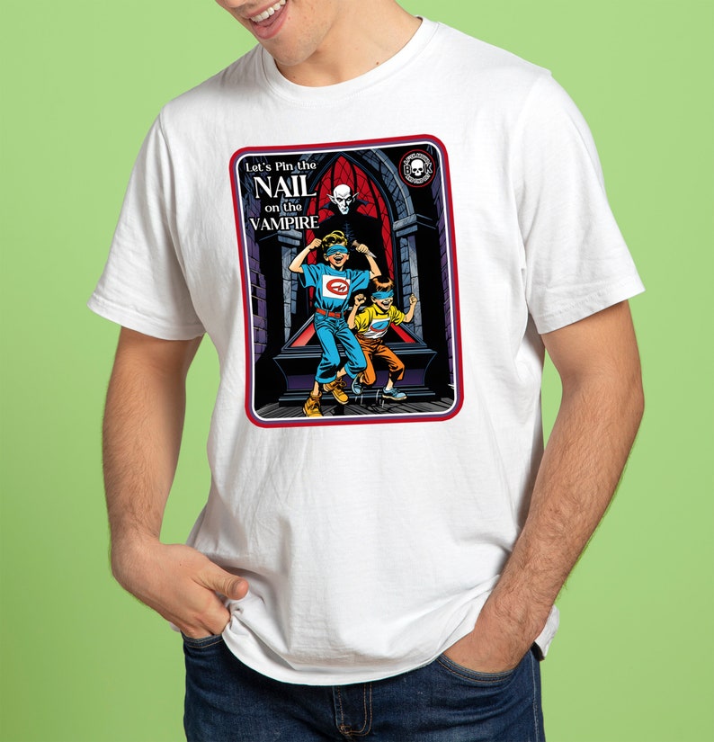 Rolig Halloween-vampyr-T-shirt: Pin the Nail, unisex-tröja bild 9