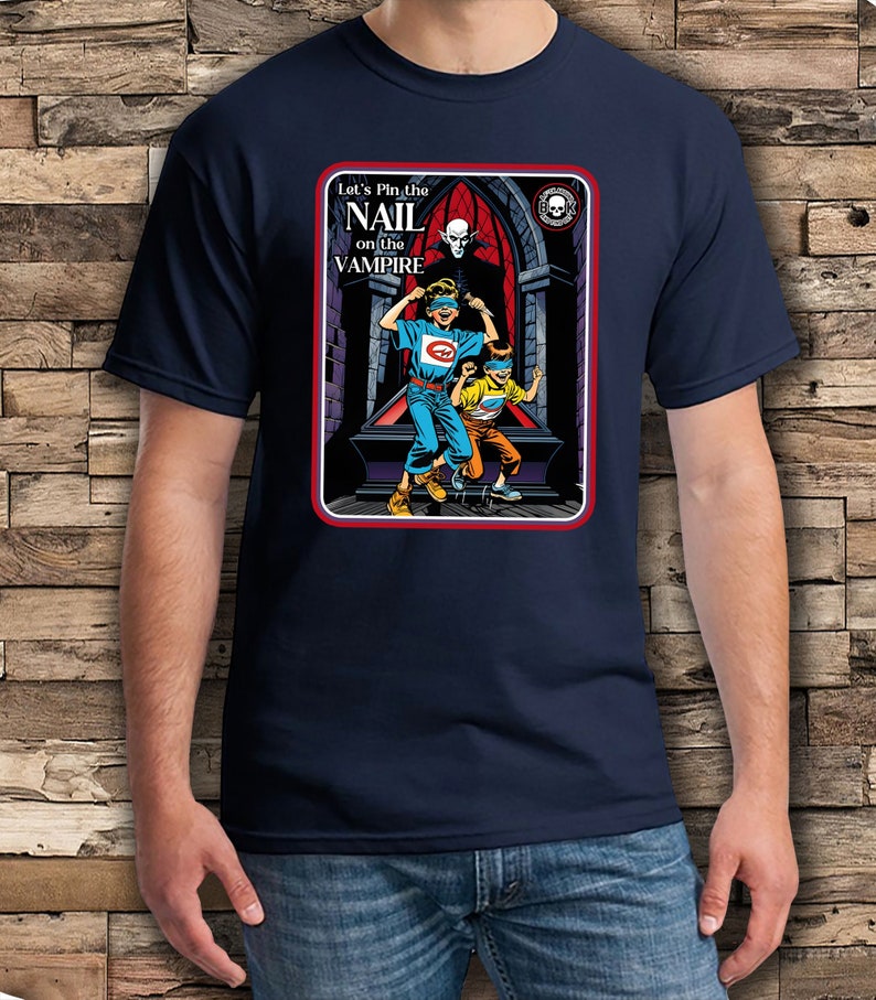 Rolig Halloween-vampyr-T-shirt: Pin the Nail, unisex-tröja bild 1