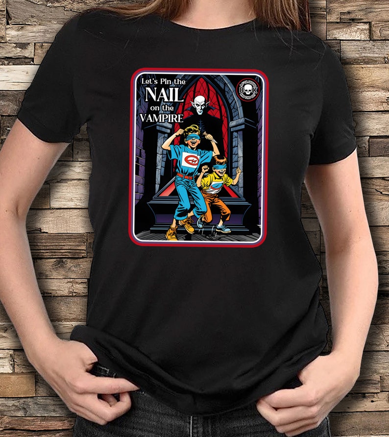Rolig Halloween-vampyr-T-shirt: Pin the Nail, unisex-tröja bild 8