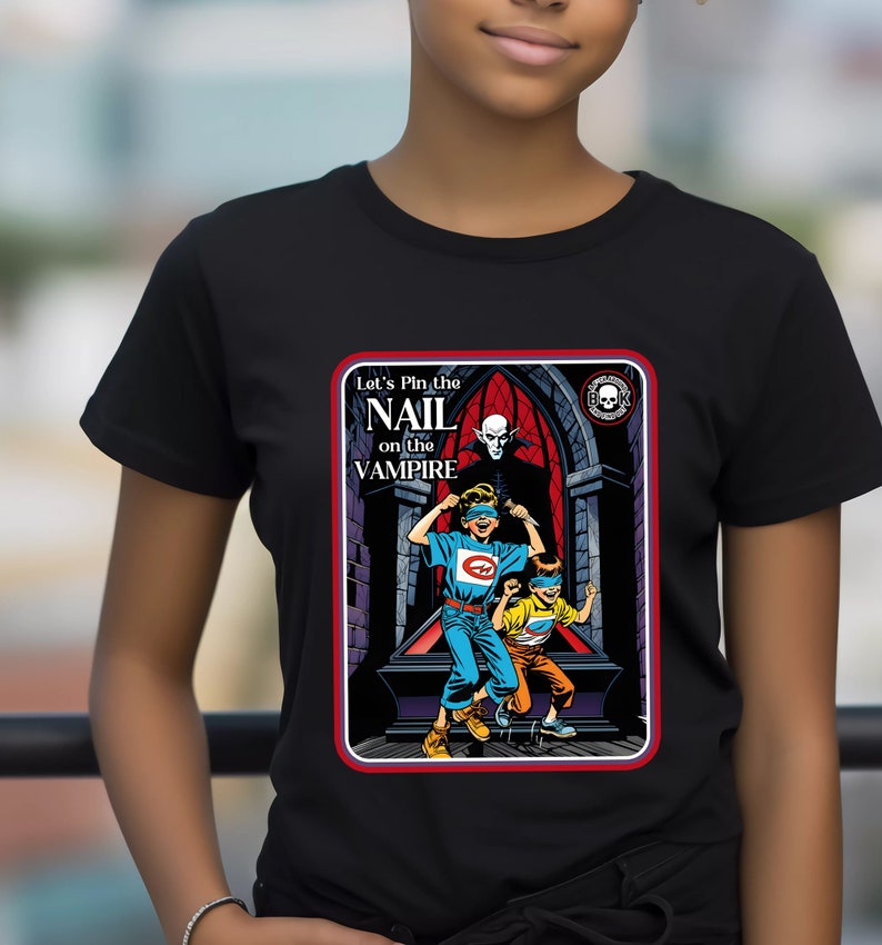 Rolig Halloween-vampyr-T-shirt: Pin the Nail, unisex-tröja bild 3