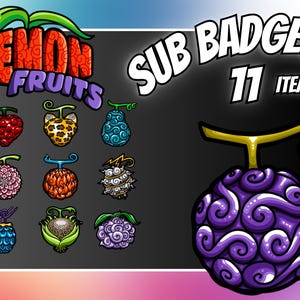 Peut inclure: Onze images de fruits du démon en dessin animé coloré, avec le texte "Demon Fruits" et "Sub Badges 11 Items" en haut de l'image.
