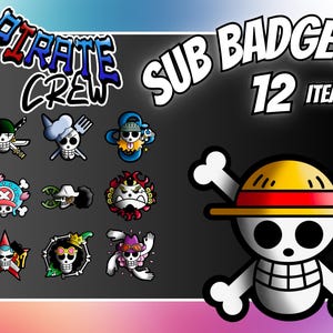 Può includere: Un set di 12 badge colorati di membri dell'equipaggio pirata dei cartoni animati. I badge presentano diversi personaggi della popolare serie anime One Piece. Il testo "Pirate Crew Sub Badges 12 Items" è in cima all'immagine.