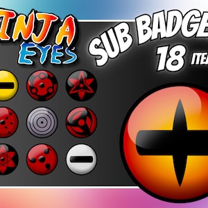 May include: A set of 18 digital badges featuring different styles of red, black, and yellow eyes with a white background. The text "NINJA EYES SUB BADGES 18 ITEMS" is at the top of the image.