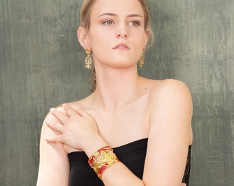 Unique Cuff Bracelet "Vigor" - Gold & Red Gift, Gift For Mom, Artistic, Jewelry Cuff, Bracelet, Gold, Silver, Brass