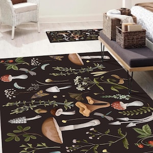 Mushroom Botanical Rug, Dark Forest Floor Mat with Fungi and Plants, Cottagecore Woodland Carpet for Nature Lovers, Rustic Boho Decor