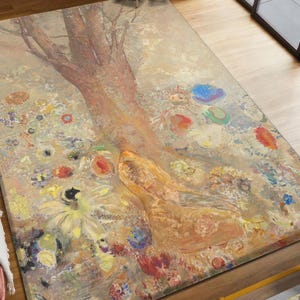 Abstract Tree Art Rug, Artistic Nature Area Carpet with Subtle Floral Accents, Neutral Tones for Living Room, Soft Painterly Design