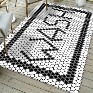 Retro Wash Mosaic Rug, Black White Hex Tile Print Mat, Vintage Bathroom Floor Carpet, Classic Laundry Room Decor, Entryway Welcome Rug