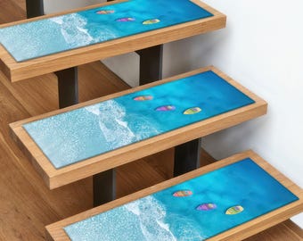 Sea Landscape Rugs, Colorful Boat Rug, Ocean Rug, Blue Step Rugs, Stair Rug, Personalized Rug, Coastal Step Rug, Door Mat, Modern Step Rug,