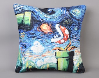 Mario Starry Night Pillow, Game Room Decor, Mario Bros, Mario World Pillow, Modern Pillow, Starry Night Art, Pillow Cover,  Home Decor,