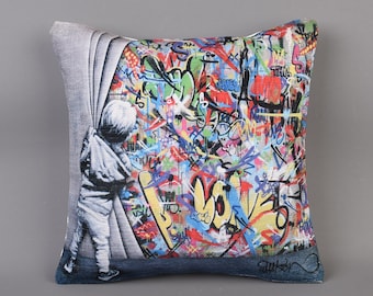 Behind the Curtain Pillow, Banksy Pillow, Decorative Pillow Cover, Home Decor, Graffiti Pillow, Living Room Decor, Sofa Pillow, Sofa Decor