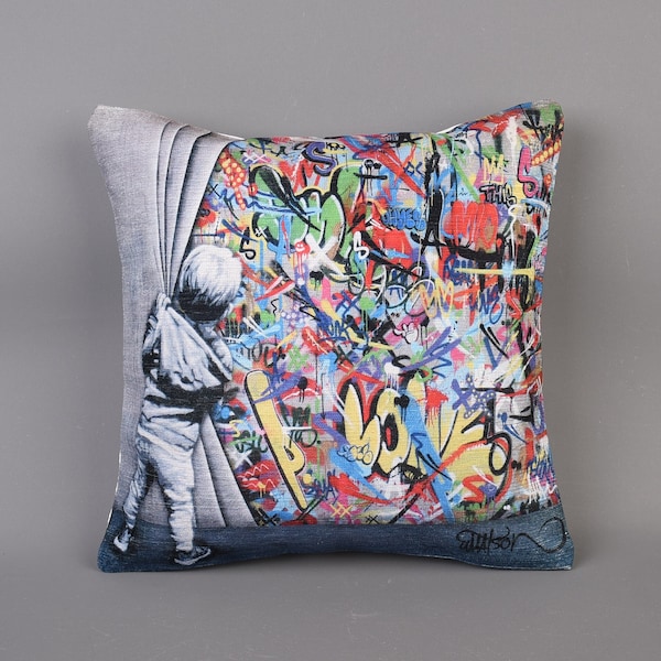 Behind the Curtain Pillow, Banksy Pillow, Decorative Pillow Cover, Home Decor, Graffiti Pillow, Living Room Decor, Sofa Pillow, Sofa Decor