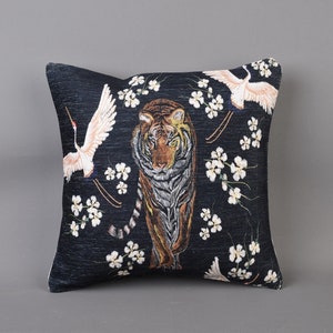 Japanese Tiger and Cranes, Decorative Pillow Cover, Japanese Pillow, Tiger Pillow, Cranes Pillow, Living Room Decor, Tiger Lover Gift,