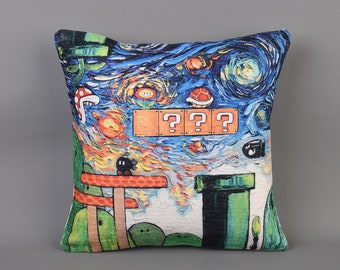 Mario Starry Night Pillow, Game Room Decor, Mario Bros, Mario World Pillow, Modern Pillow, Starry Night Art, Pillow Cover, Home Decor,
