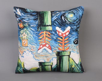 Mario Starry Night Pillow, Game Room Decor, Mario Bros, Mario World Pillow, Modern Pillow, Starry Night Art, Decorative Pillow Cover,