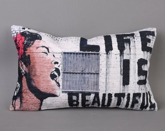 Life is Beautiful Pillow, Banksy Pillow, Decorative Pillow Cover, Graffiti Pillow Cover, Girl Room Decor, Banksy Art, Couch Case,