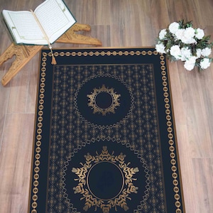 Navy Blue Prayer Rug, Gold Prayer Rug, Luxury Prayer Rug, Muslim Rug, Religious Rug, Pesonalized Rug, Gift For Him, Machine Washable Rug,