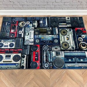 Retro Boombox Music Rug | Vintage Stereo Printed Rug | Machine Washable Non-Slip Carpet | Music Lover Home Decor Rug