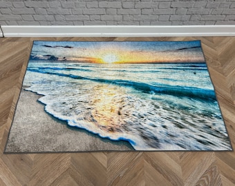 Alfombra puesta de sol en el océano, alfombra vista al mar, alfombras vista a la playa, alfombras de paisajes, alfombra de entrada, alfombra costera, regalo de inauguración de casa, alfombra popular, alfombra azul,