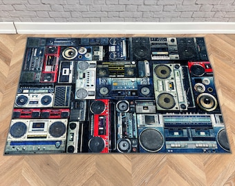 Retro Boombox Music Rug | Vintage Stereo Printed Rug | Machine Washable Non-Slip Carpet | Music Lover Home Decor Rug