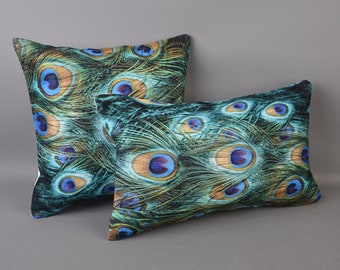 Peacock Pillow, Decorative Pillow Cover, Peacock Feather Pillow, Feather Pattern Pillow, Colorful Feather Pillow, Modern Pillow Decor
