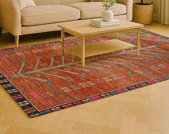 Boho Tribal Leaf Rug, Rust Orange Kilim Style Carpet with Folk Pattern, Ethnic Medallion Floor Mat for Living Room, Warm Colorful Decor