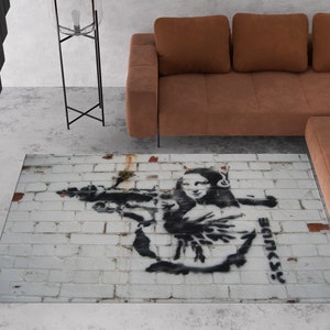 Banksy Mona Lisa Rug, Mona Lisa Bazooka Rugs, Mona Lisa Rug, Painting Rug, Luxury Rug, Chenille Rug, Car Mat, Machine Washable Rug, Thin Rug
